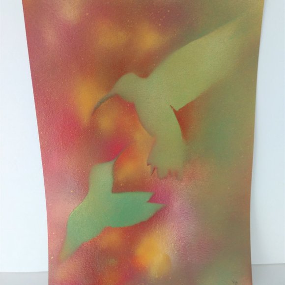Handmade Abstract Painting of Two Green Hummingbirds In Flowers on 15x11 paper - Picture 3 of 14